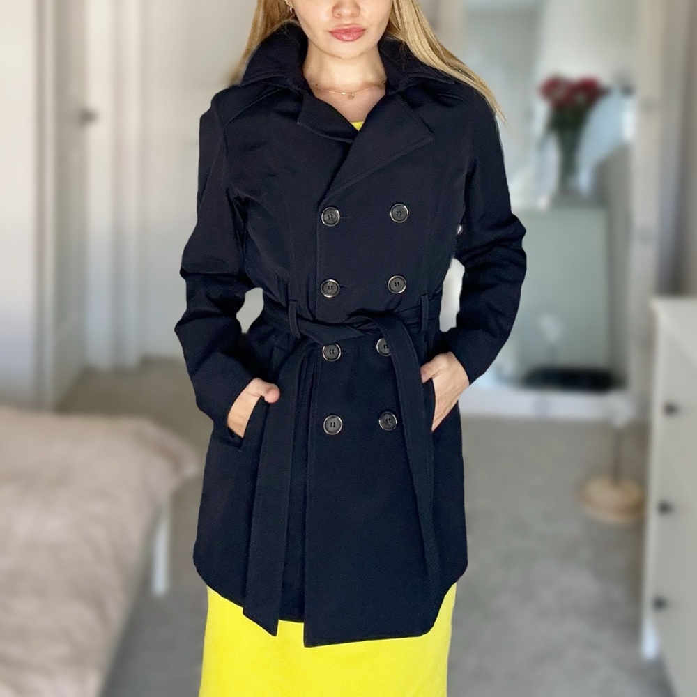 Sebby Collection Women's Navy Blue Trench Coat with Detachable Hood M(6)Size